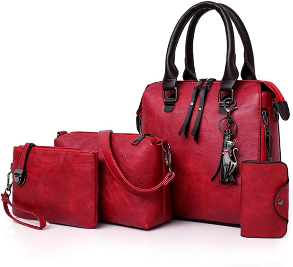 Segater® Women Fashion Handbag+Shoulder Bag+Purse+Card Purse Faux Leather Tote 4 Pieces, Red