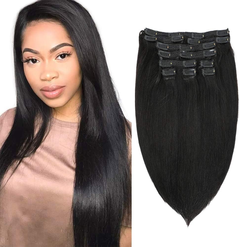 Apeasex Clip in Human Hair Extensions Grade 8A Straight Remy Human Hair Clip ins Extesnions for Women #1B Natural Black Color Soft Hair 10Pcs/set 120g (18 inch, Straight)