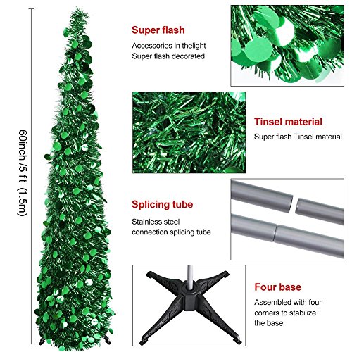 AerWo 5ft Pop Up Christmas Tinsel Tree with Stand, Collapsible