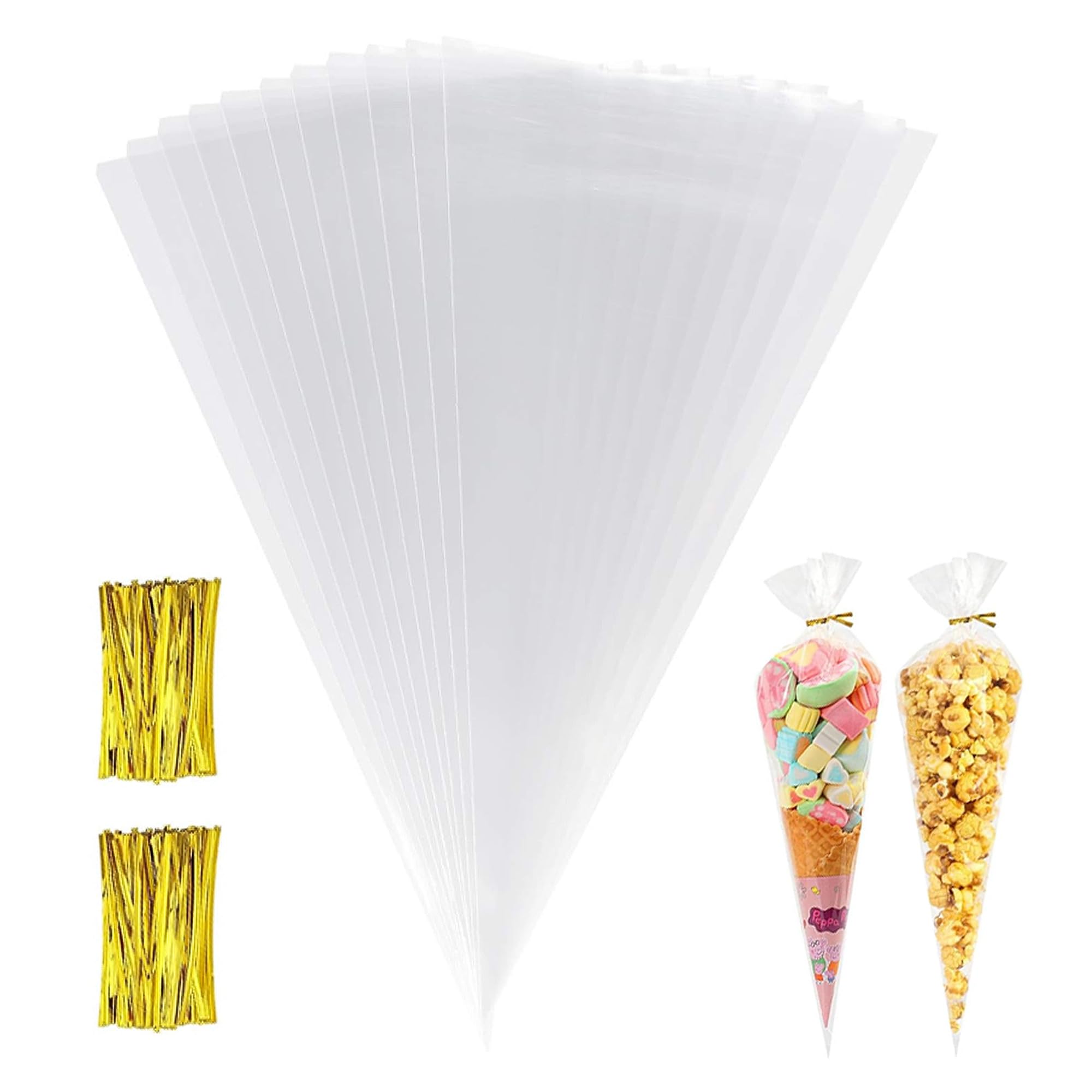 Sweet Cone Bags and Ties 100pcs Cellophane Cone Bags with 100 Gold Twist Ties for Sweets Party Christmas Crafts Snacks Candies Popcorn Chocolates Marshmallow Gifts (13 * 25cm 100pcs)