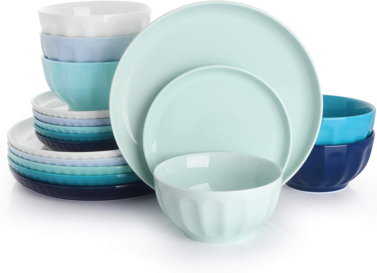  | Sweese 196.003 Porcelain Fluted Dinnerware Set, 18-Piece, Service for 6, Cool Assorted Colors: Dinnerware Sets