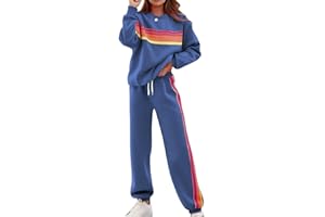 MOVNEBYRO Womens 2 Piece Lounge Set Rainbow Striped Sweatshirt High Waist Sweatpants Matching Sweatsuit Color Block Tracksuit