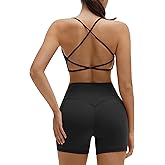 SUUKSESS Women 2 Piece Workout Sets Strappy Sports Bra High Waist Biker Shorts with Pockets