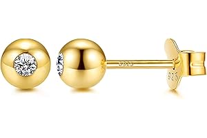 AllenCOCO Gold Ball Stud Earrings for Women, 14K Gold Plated S925 Sterling Silver Cubic Zirconia Earring Hypoallergenic Dainty Gold Ball Earrings for Women Girls Sensitive Ears
