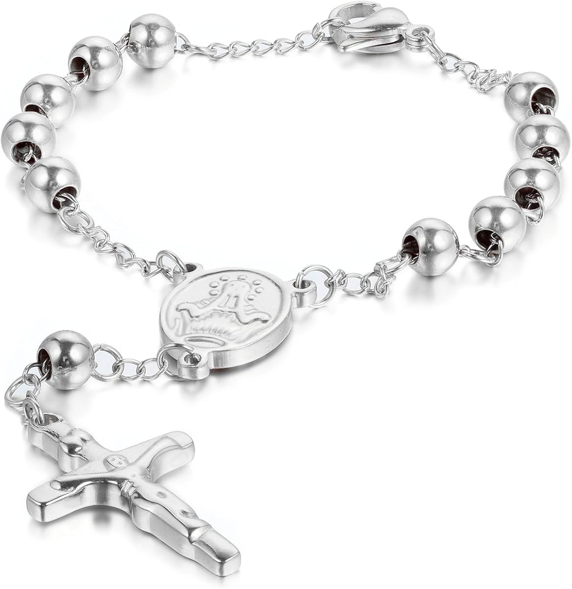 JewelryWe Men Women's Stainless Steel Religious Catholic Rosary Beads Chain Bracelet with Crucifix Cross and Medal, Silver
