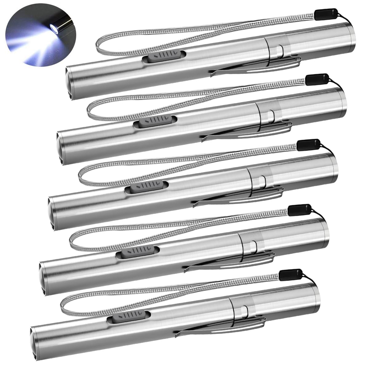 WholeFire LED Penlight Mini Pen Torch Light, Stainless Steel Waterproof USB Rechargeable Pen Light with Pocket Clip, USB Cable for Mechanic