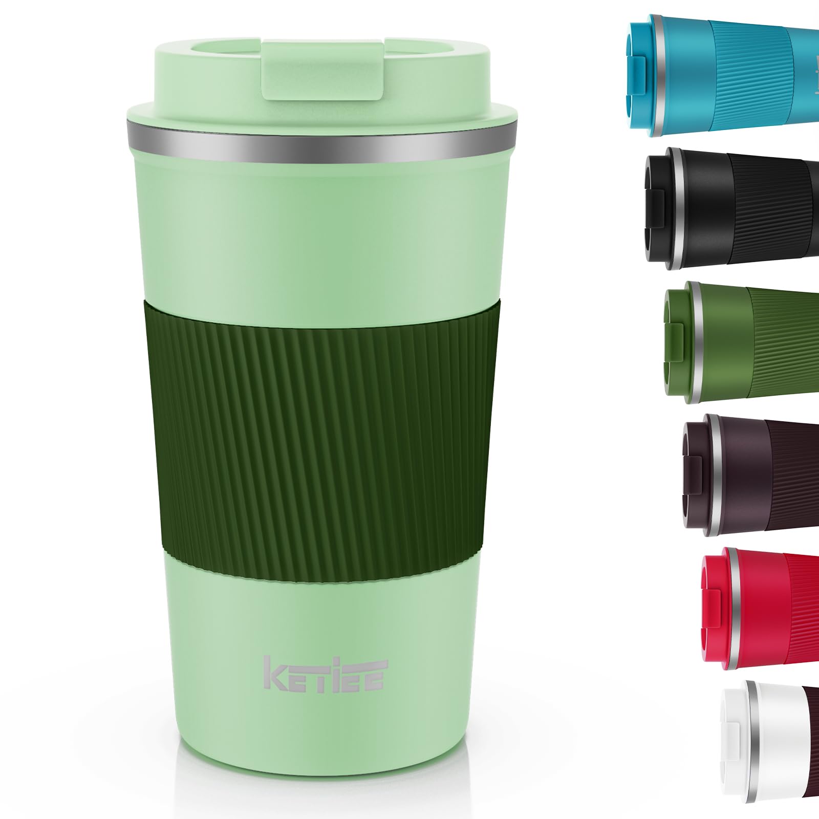 KETIEE 510ml Insulated Travel Mug With Leakproof Lid - Double Walled Stainless Steel Cup for Hot and Cold Drinks - Green