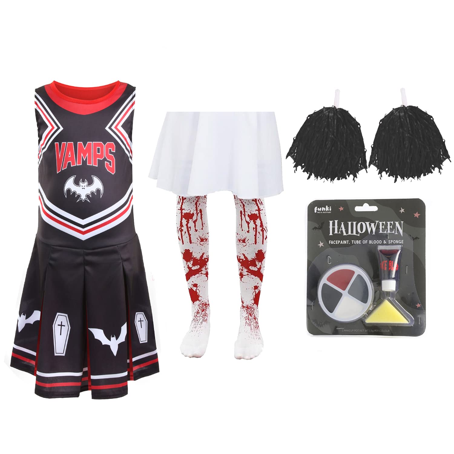 Girls Halloween Vampire Cheerleader - Small 4-6 Years - Black Cheerleader Dress with Red Pom Poms, Fake Blood and Facepaint