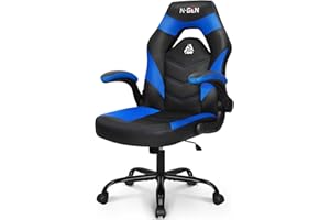 N-GEN GAMING Video Gaming Chair Ergonomic Office Desk Chair with Lumbar Support Adjustable Height Padded Flip Up Arms and Swivel Wheels Racing Style Design for Adults with PU Leather (Blue)