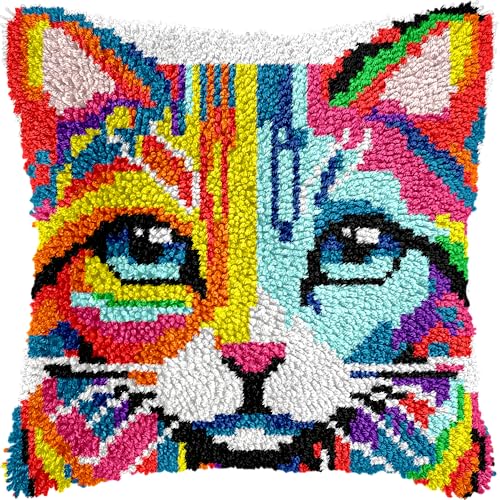 veirousa Colorful Cat Latch Hook Kits for Adults Beginners, Cute Animals Latch Hook Pillow Kit Pre-Printed Latch Hook Rug Kits Cross-Stitch Embroidery Cushion for Home Sofa Decoration 17x17 in.