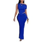 Adogirl 2 Piece Skirt Sets for Women Summer One Shoulder Asymmetrical Crop Top Drawstring Side Bodycon Going Out Dress
