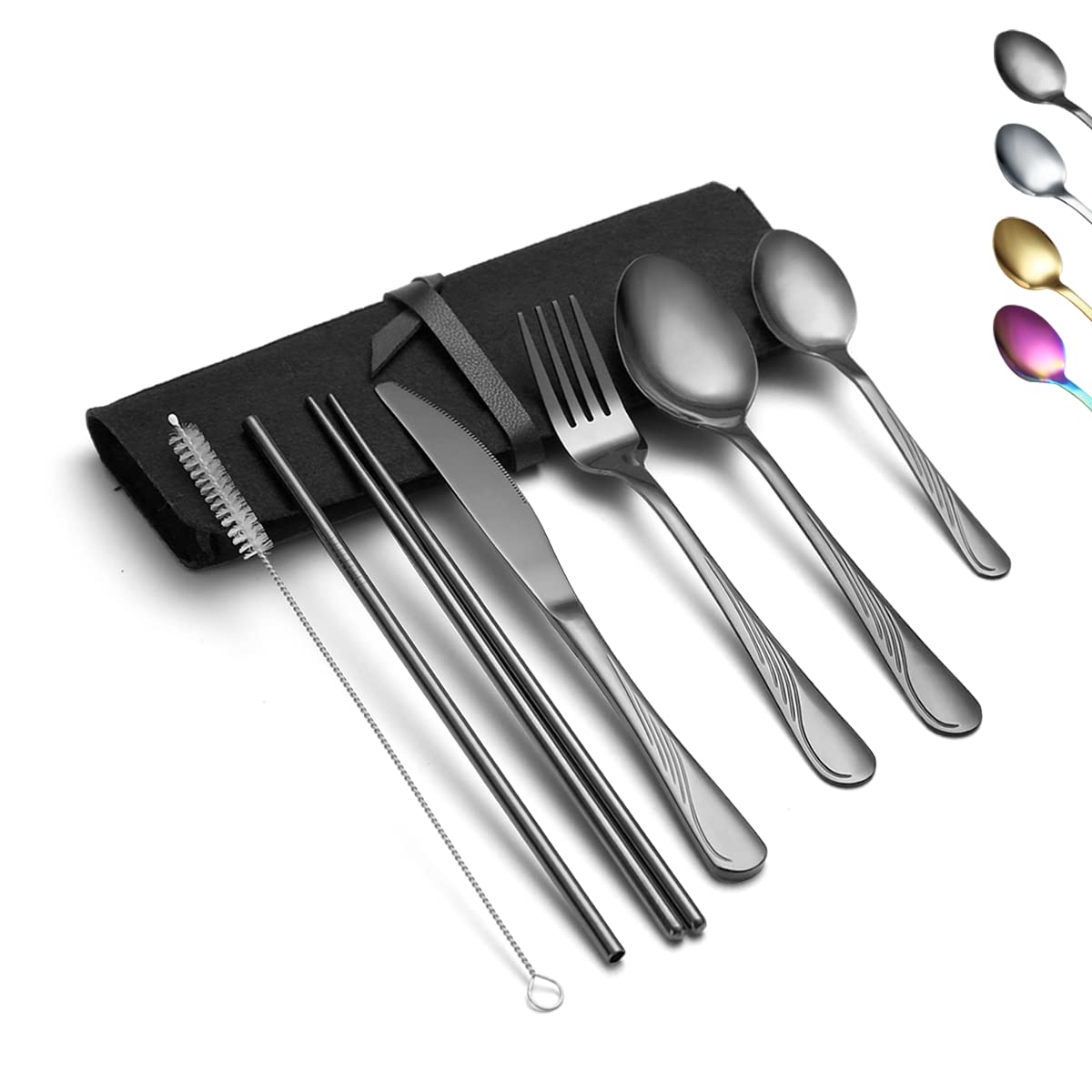 Evanda Portable Utensils, Travel Camping Cutlery Set, Stainless Steel Flatware Set Travel Silverware Dinnerware Set with a Portable Case (Black)