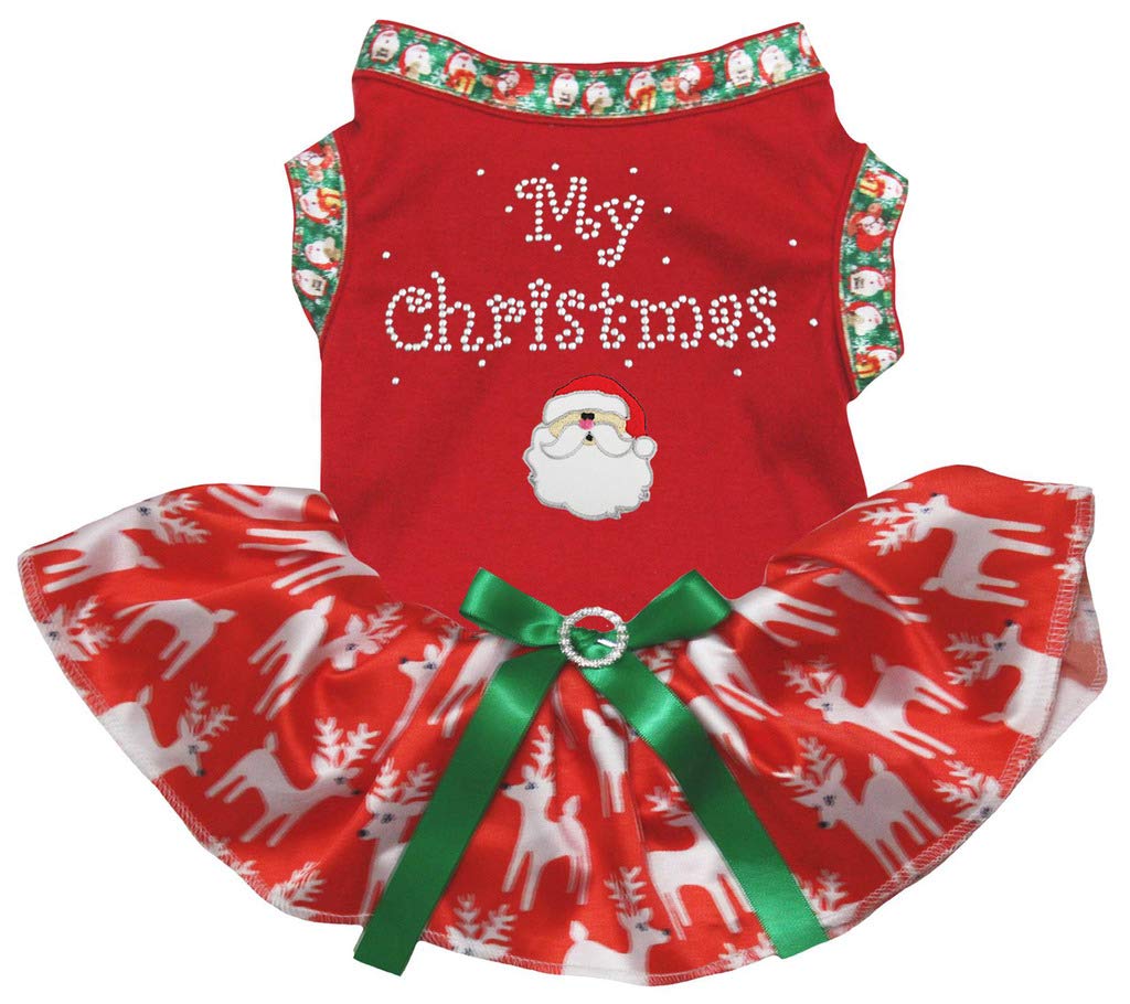Petitebelle My Christmas Santa Claus Puppy Dog Dress (Red/Red Reindeers, X-Small)