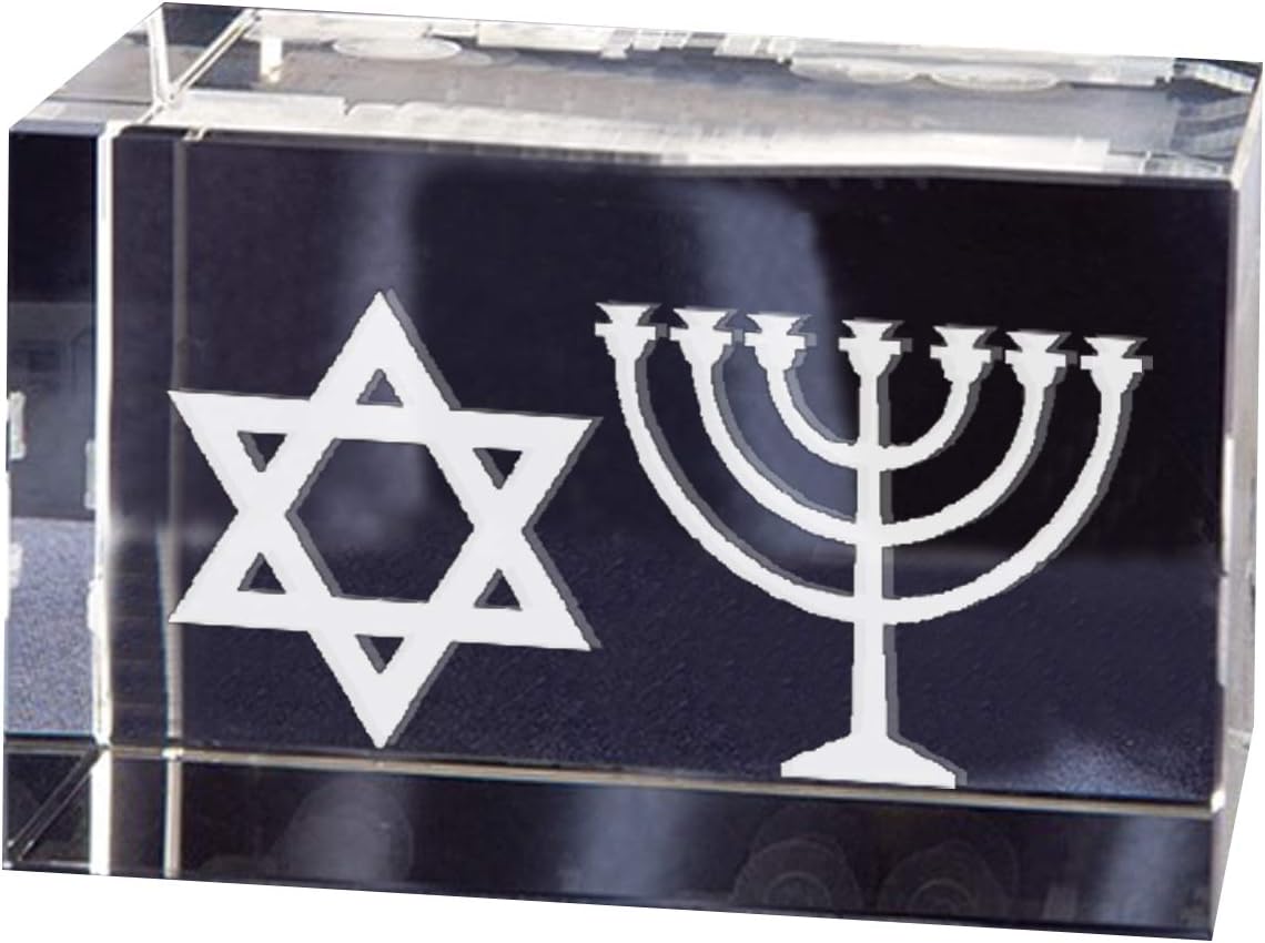Personalised Glass Paperweight/Custom Gift - Your Picture and Text Engraved Inside the Rectangular Crystal Block - Star of David & Hanukkah