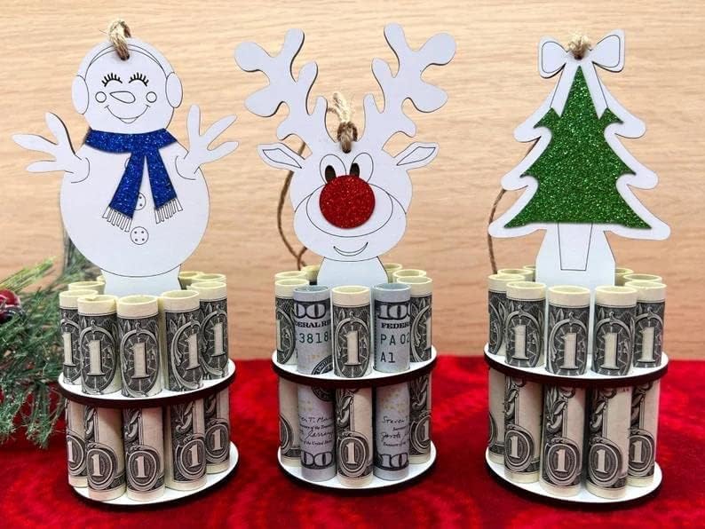 Tree Stands - Christmas Unique Money Holder, Money Cake Christmas Ornaments,Handmade Wooden Christmas Tree, Reindeer, Snowman Money Holder,Idea and Cute Holiday Tree Decorations (3pcs)