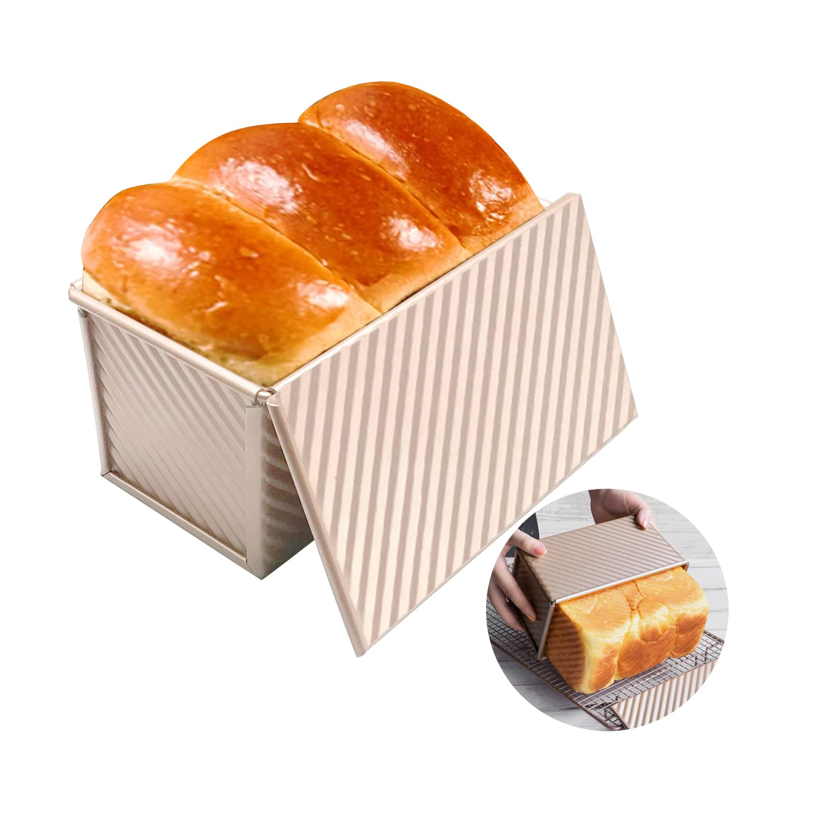 OGIBRIDI Bread Tins with Cover for Baking Pullman Loaf Tin 1bl with Slidable Lid Bread Mold Toast Corrugated Loaf Pan Bread Box Non-Stick Bake Ware Aluminum Alloy for Oven Baking, Gold