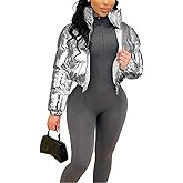 Halfword Women's Shiny Cropped Puffer Jacket Long Sleeve Solid Color Stand Neck Winter Down Coat