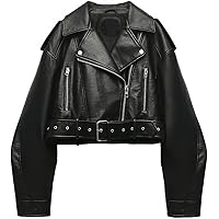 LY VAREY LIN Women Faux Leather Cropped Jacket Lapel Zipper Biker