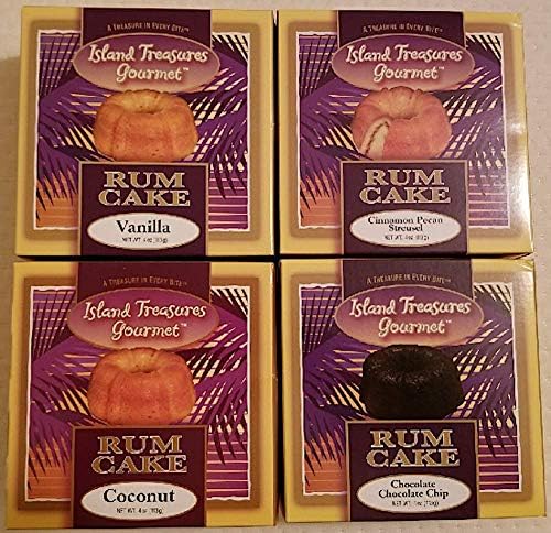 Island Treasures Rum Cake Sampler - Four - 4 oz U.S. Made cakes one each - Vanilla - Coconut - Cinnamon Pecan Streusel - and Chocolate Chip - Best Flavor Smooth Gourmet Treat – Moist Authentic (IT 4C)