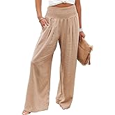 Vansha Women Summer High Waisted Cotton Linen Palazzo Pants Wide Leg Long Lounge Pant Trousers with Pocket