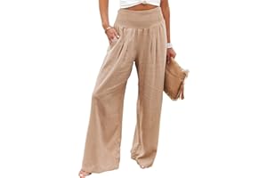 Vansha Women Summer High Waisted Cotton Linen Palazzo Pants Wide Leg Long Lounge Pant Trousers with Pocket