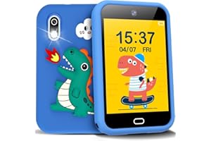 TYWOP Kids Smart Phone Toys Age 3-8 Boys Pretend Phones with Dinosaur Case 28 Puzzle Games Dual Camera Music Storybook ABC Alphabet Cards Alarm Clock Touchscreen Learning Toys Lanyard 8G SD Card