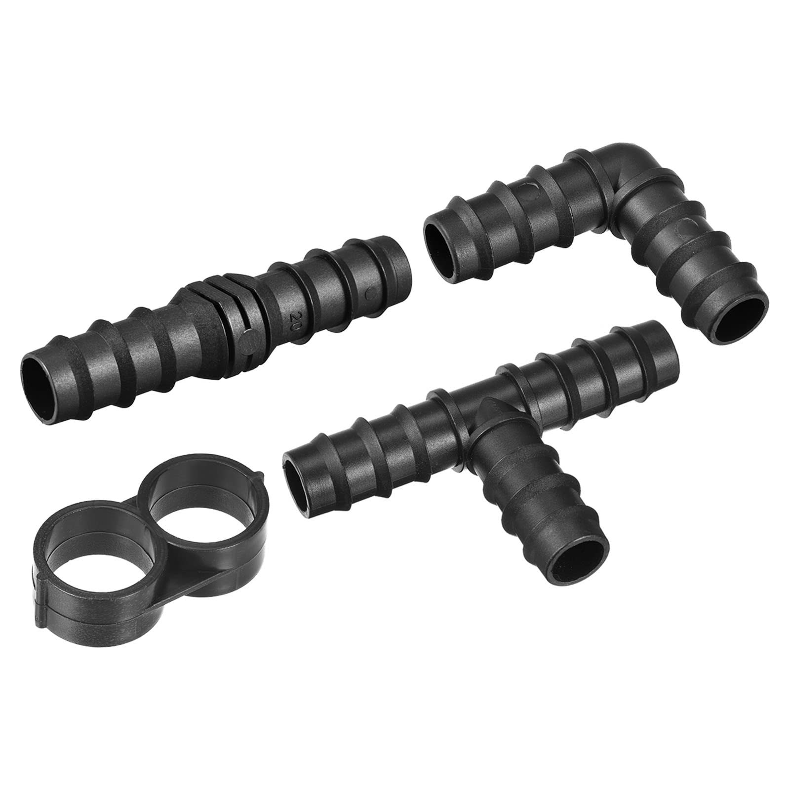 M METERXITY 34 Pack Barb Hose Fittings - 19.5mm Barbed Irrigation Fittings Kits, Black(8 Straight Barbs 8 Tee Barbs 8 Elbows 8 Stoppers 1 Thread 1 Valve)