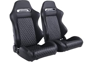 WTRAVEL Racing Seats 2 Pcs Reclinable Bucket Seats with 2 Sliders Adjustable PU Leather Seats Universal Sport Seats for Cars (Black White, 35.1"×21.2"×21.6")