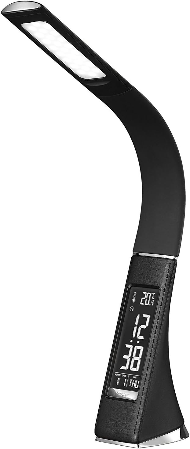 ALITON Desk Lamp, Business Leather-Like LED Table Lamp with Alarm Clock, Calendar, Time and Temperature Display, 3 Brightness Levels, Black
