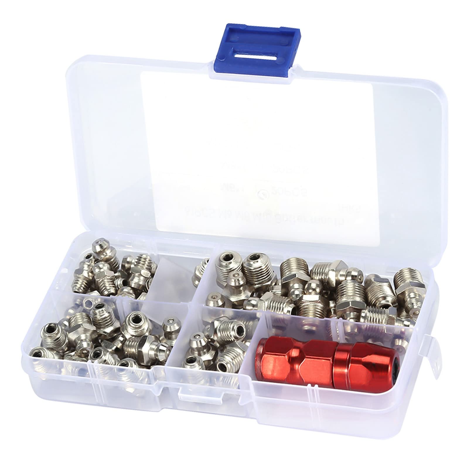 60pcs Grease Fitting Pack Metal Nipple Mechanical Lubrication Part with Plastic Box +Grease Gun Flat Mouth