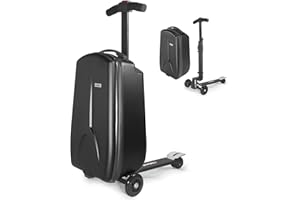 iubest Scooter Luggage Carry On Scooter Suitcase for Kids Age 4-15, Detachable & Foldable 4 in 1 Kids Suitcase, Multifunctional Ride On Travel Trolley Scooter Combo-Black