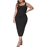 Agnes Orinda Plus Size Dress for Women Summer Sleeveless Square Neck Bodycon Cocktail Sundress Sexy Midi Tank Dress