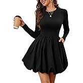 Meetjen Women's Long Sleeve Bubble Dress Short Fall Crew Neck High Waist Mini Cocktail Party Dresses with Pockets
