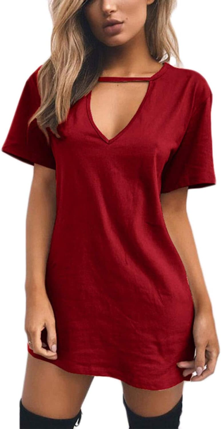 Celmia Women Mini T Shirt Dress Summer Choker Sexy Juniors Dresses V Neck Long Tops