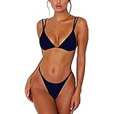 ForBeautyShe Women's Sexy Thong Bottom Two Piece Bikini Double Shoulder Straps Cute Swimsuit Triangle Bathing Suit