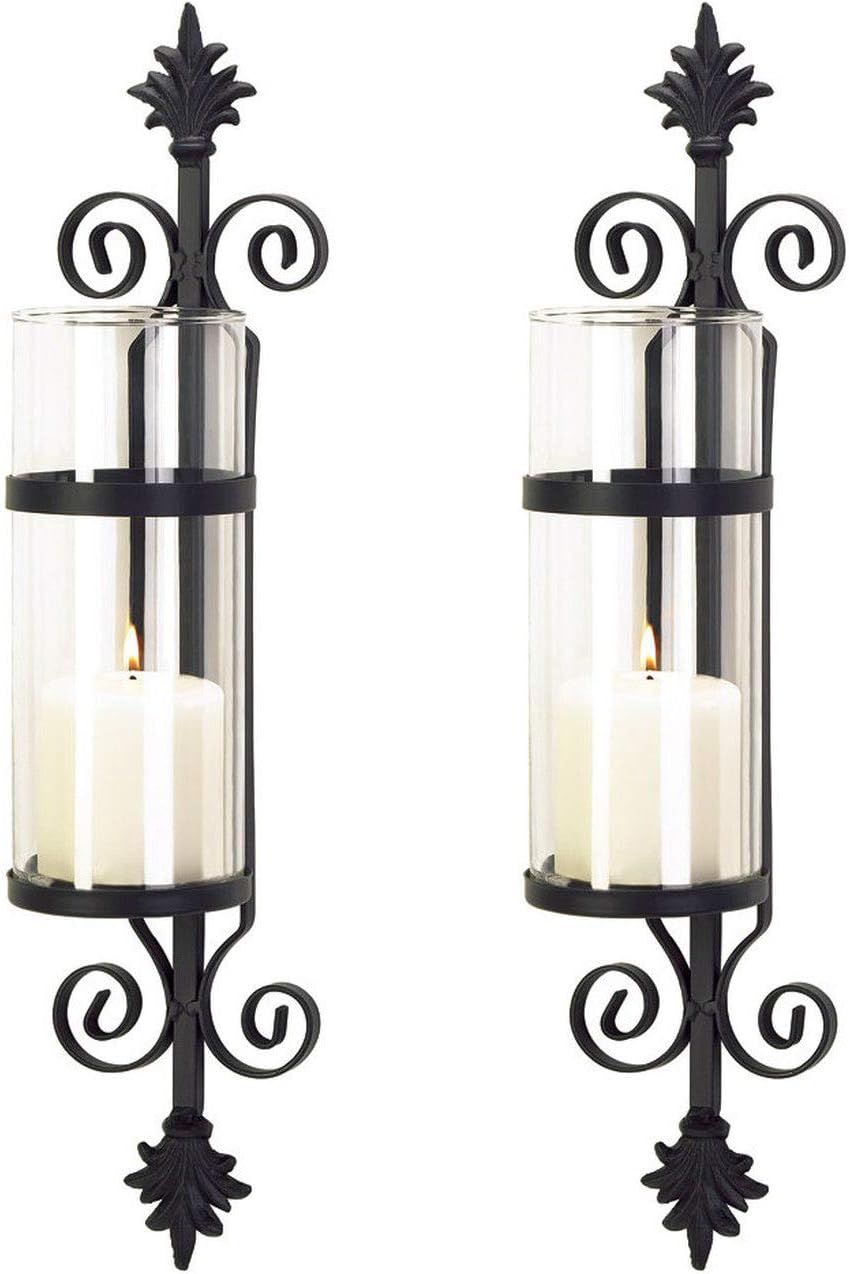 Home Kitchen Leraze Set Of Two Decorative Wall Sconce Candle Holder Pair Elegant Of Swirling Iron Hanging Wall Candle Holders Votives With Amber Finished Globes Ideal Gifts Decor For Home