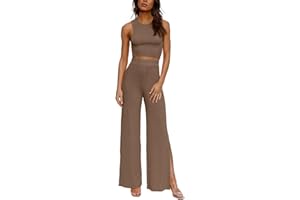 AGSEEM 2 Piece Outfits for Women Cropped Tops and Wide Leg Pants with Side Split Lounge