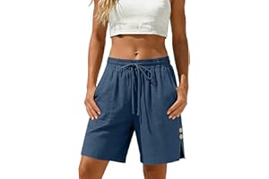 Women's Linen Bermuda Shorts 2026 Summer Fashion Button Side Notch Short Drawstring Straight Beach Vacation Outfit