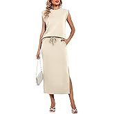Casly Lamiit Women's Two Piece Sets Summer Lounge Outfits Cap Sleeve Top Drawstring Midi Skirts Set with Pockets
