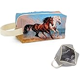 SuoSycorax Seaside Horse Printed Quilted Makeup Bag for Women - Velvety Polyester Cosmetic Organizer w/Triple Compartments, Travel & Makeup Brush Holder