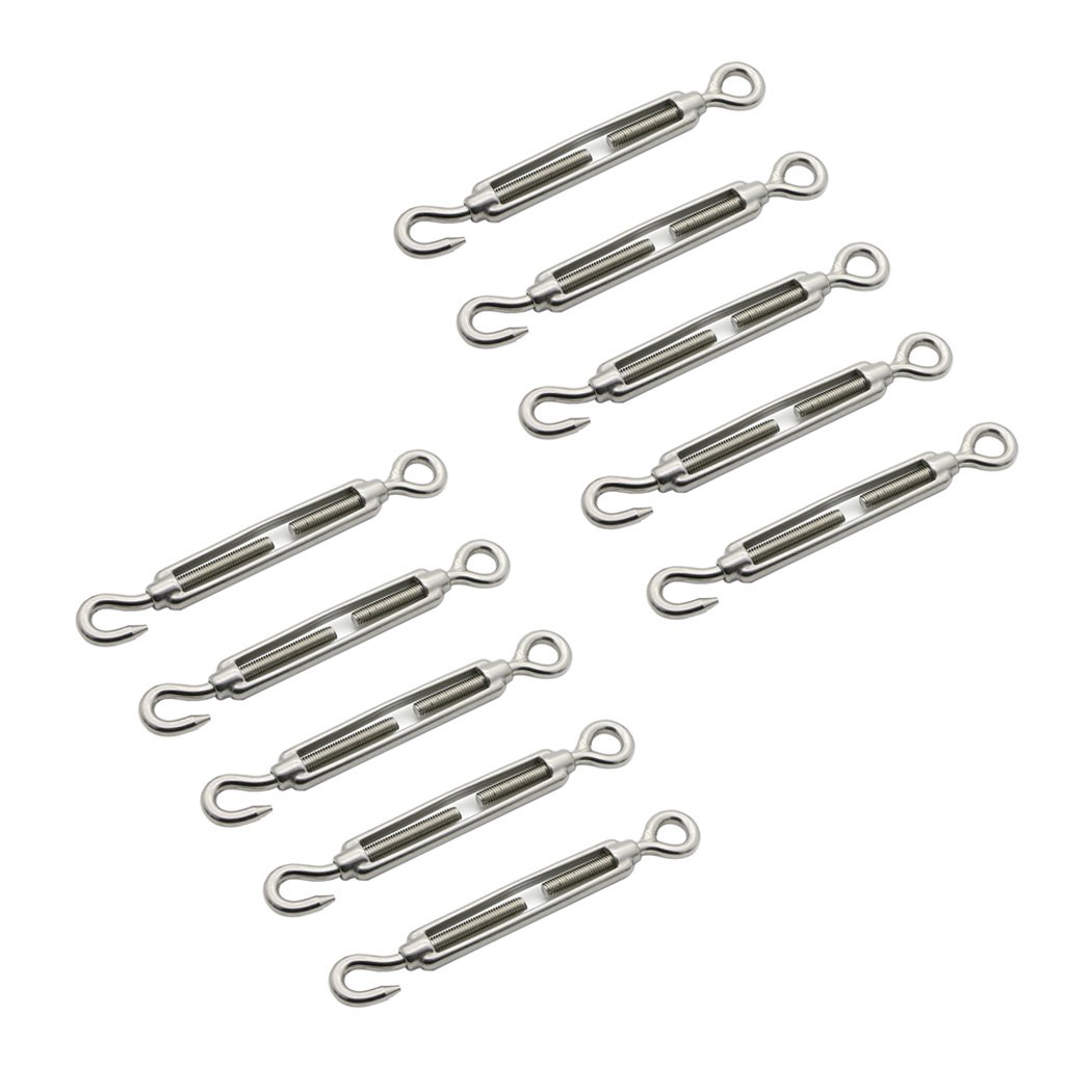 M5 304 Stainless Steel Hook & Eye Heavy Duty Turnbuckle Wire Rope Tension For Wire Rope Cable Pack Of 10