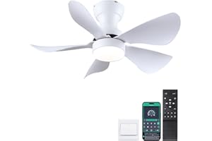 Kviflon Ceiling Fans with Lights and Remote/APP Control, 30 inch Low Profile Ceiling Fans with 5 Reversible Blades 3 Colors Dimmable 6 Speeds Ceiling Fan for Bedroom Kitchen Dining Room, White
