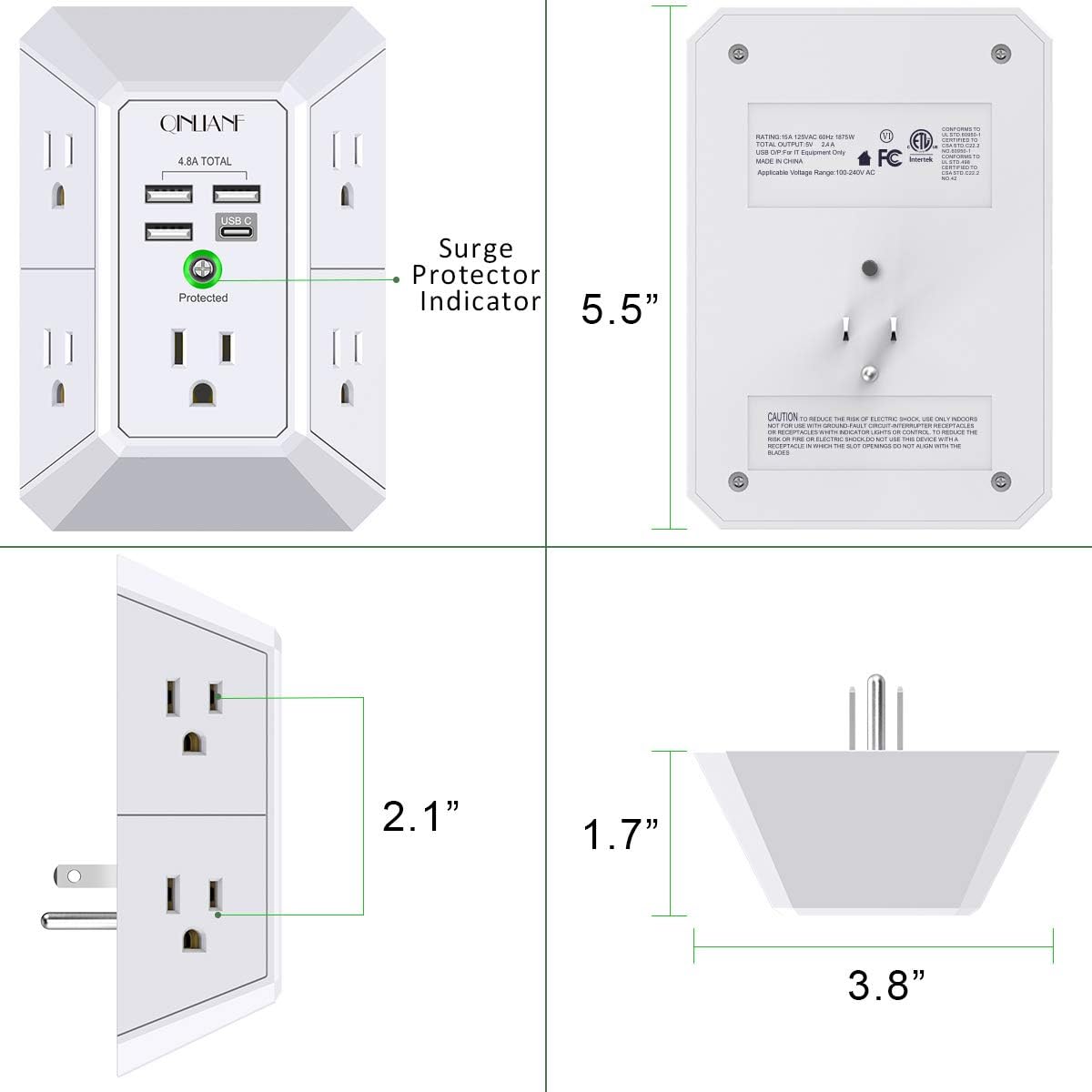 USB Wall Charger, Surge Protector, QINLIANF 5 Outlet Extender with 4 USB Charging Ports ( 4.8A Total) 3-Sided 1680J Power Strip Multi Plug Outlets Wall Adapter Spaced for Home Travel Office (3U1C): Electronics
