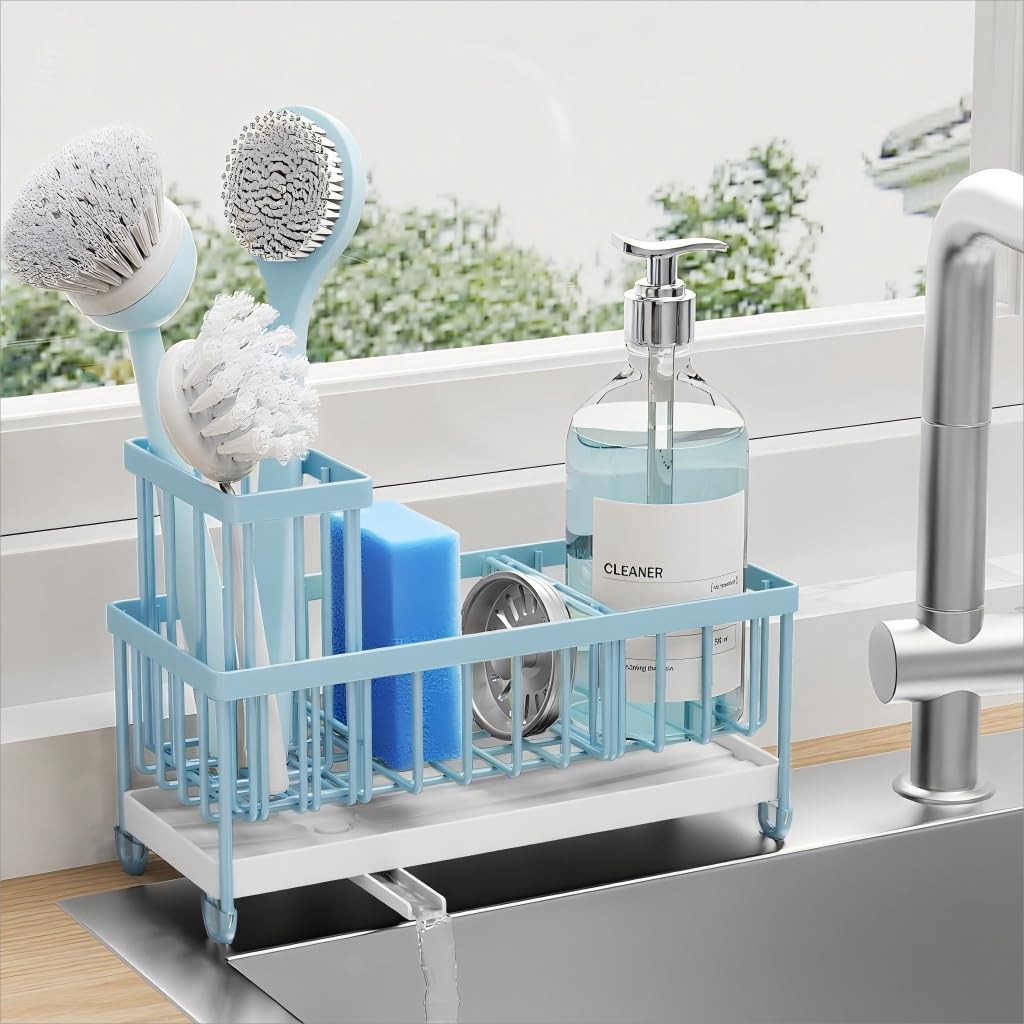 Photo 1 of Cisily Blue Sponge Holder for Kitchen Sink, Sink Caddy Organizer with High Brush Holder, Kitchen Countertop Organizers and Storage Essentials, Rustproof 304 Stainless Steel, Soap Dispenser Organize