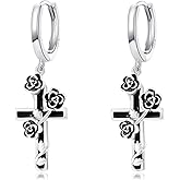 CUOKA Cross Earrings Sterling Silver Gothic Rose Flower Cross Dangle Earrings Jewelry Gifts for women