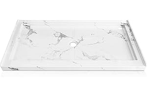 CKB 60" L x 32" W Shower Base, Single Threshold, Center Drain with Slip Resistant Textured Surface, Marble White Acrylic Shower pan