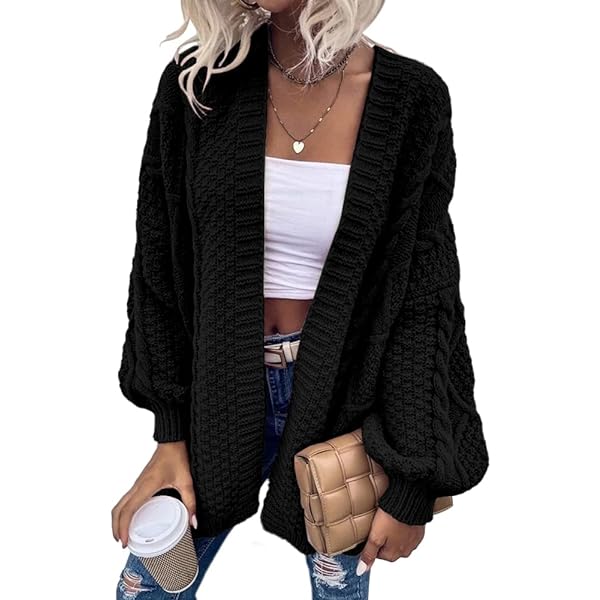 Cicy Bell Women's Open Front Chunky Knit Cardigan Loose Lantern