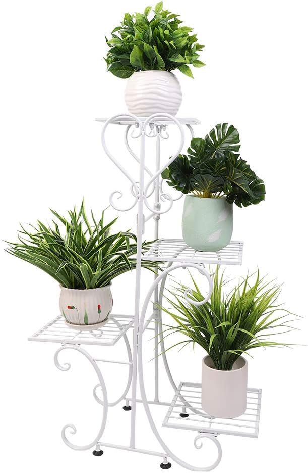 Wisfor Blumentreppe mit 4 Ablagen aus Metall Pflanzentreppe Pflanzenregal Blumenbank 81×57×26cm, weiß