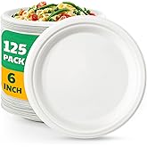 Joyborn 100% Compostable Paper Plates, 6 Inch, 125 Count, Heavy Duty Disposable Plates by Biodegradable Bagasse, Dessert Plates Bulk for Party | Microwave-Safe | Soak-Resistant, Cut Resistant