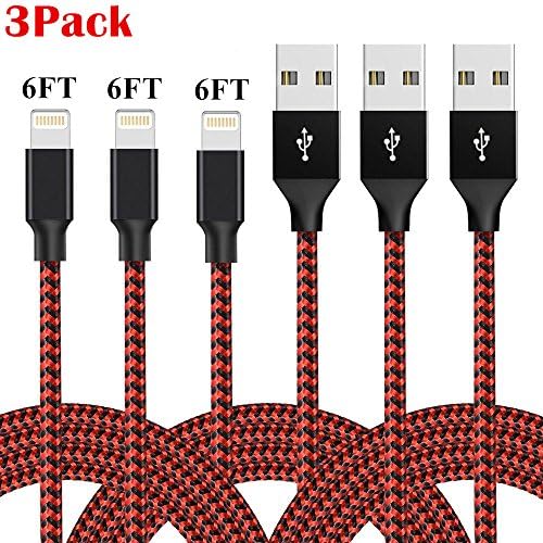 Lightning Cable, Bojuren 3Packs 6FT iPhone Charger Cable Nylon Braided Extra Long Durable Fast Charging Cord for iPhone X/8/7/7 Plus/6s/6s Plus/6/6 Plus/5/5S/5C/SE/iPad and iPod (Black+Red)
